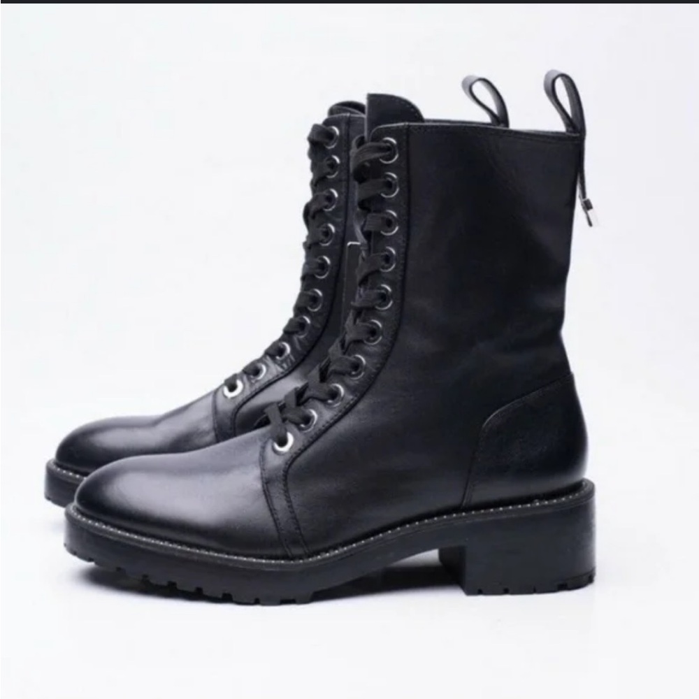 Zara Leather Micro studded biker Lug Sole Boots- Size 38